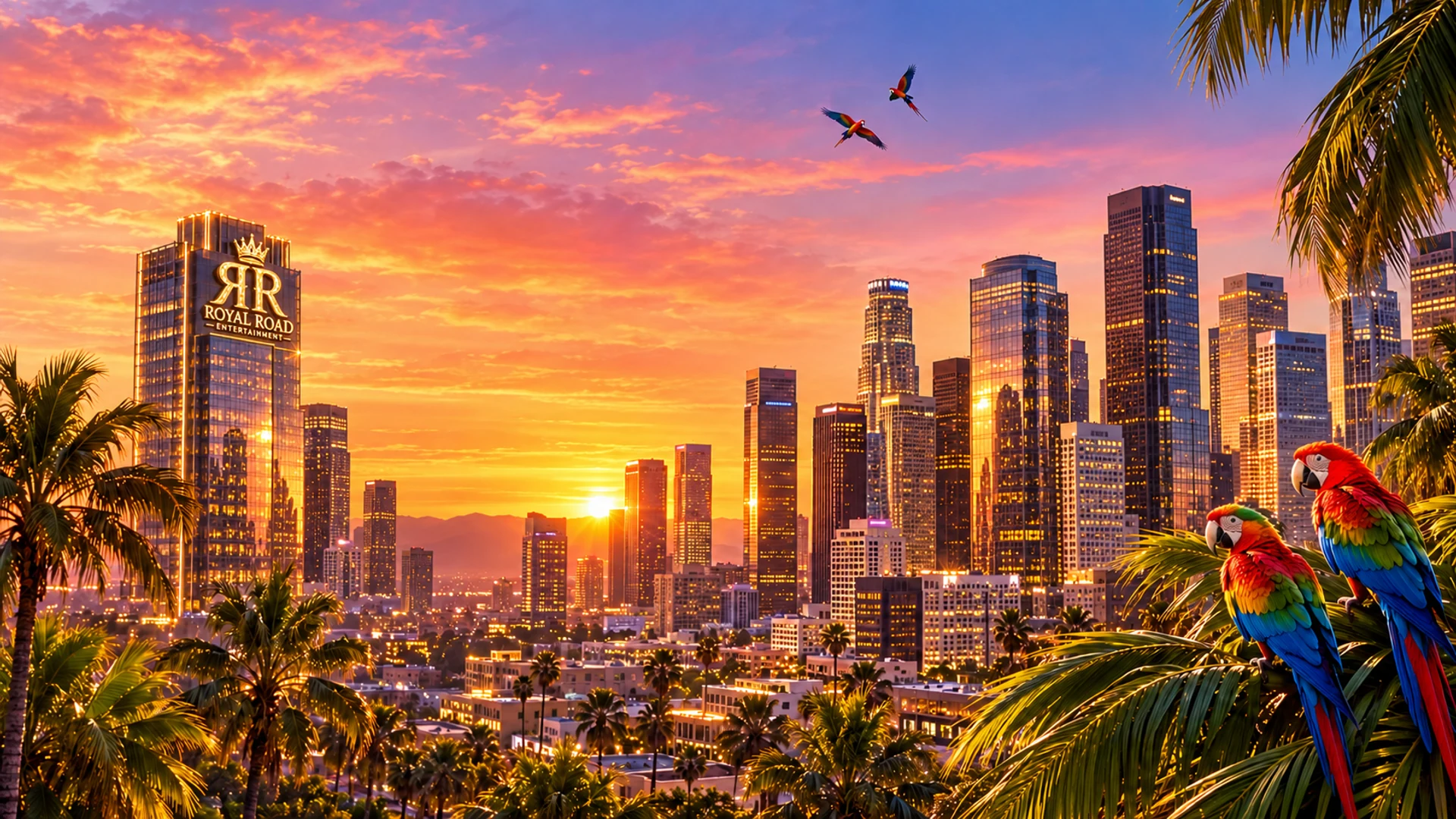 Los Angeles at sunset, framed by palms and exotic birds, with Royal Road Entertainment branding on a skyscraper on the left