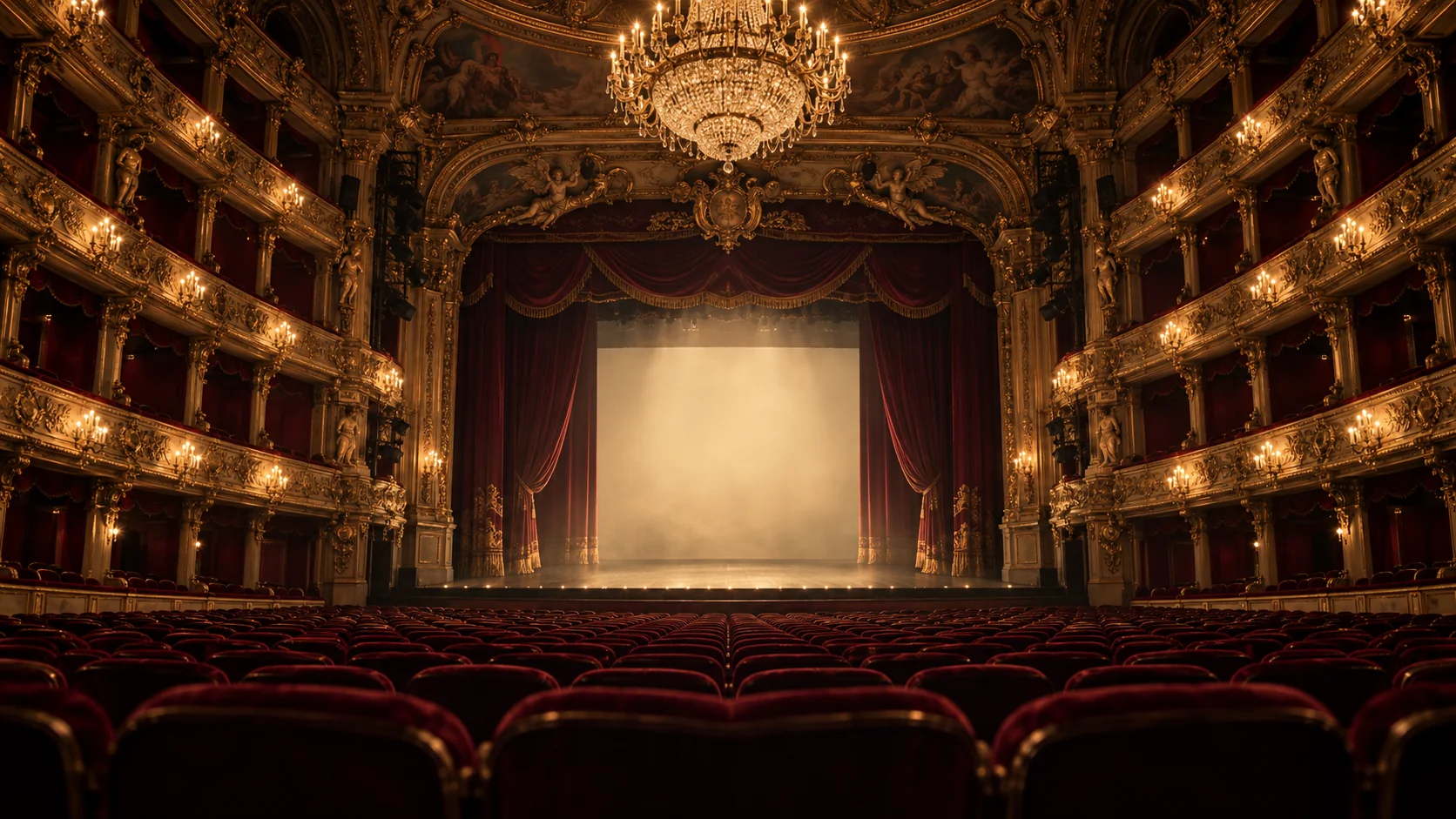 Golden balconies and the illuminated stage of a majestic theatre